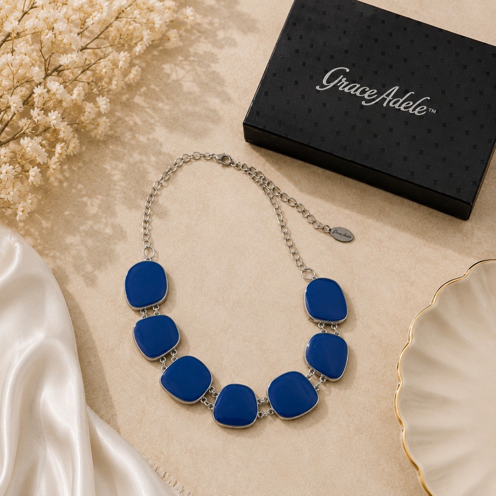 NWOT‎ Grace Adele Blue Enamel Pebble Statement Necklace Silver Tone Adjustable